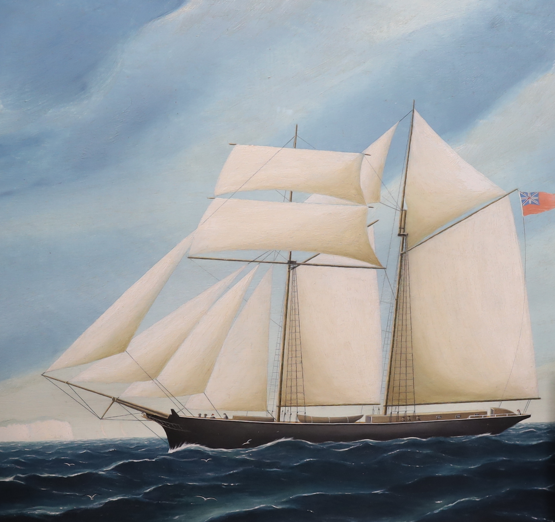 Christopher J. Guise (American), four maritime oils on board, British yachts and ships at sea, each signed, largest 48 x 56cm, ornate gilt frames